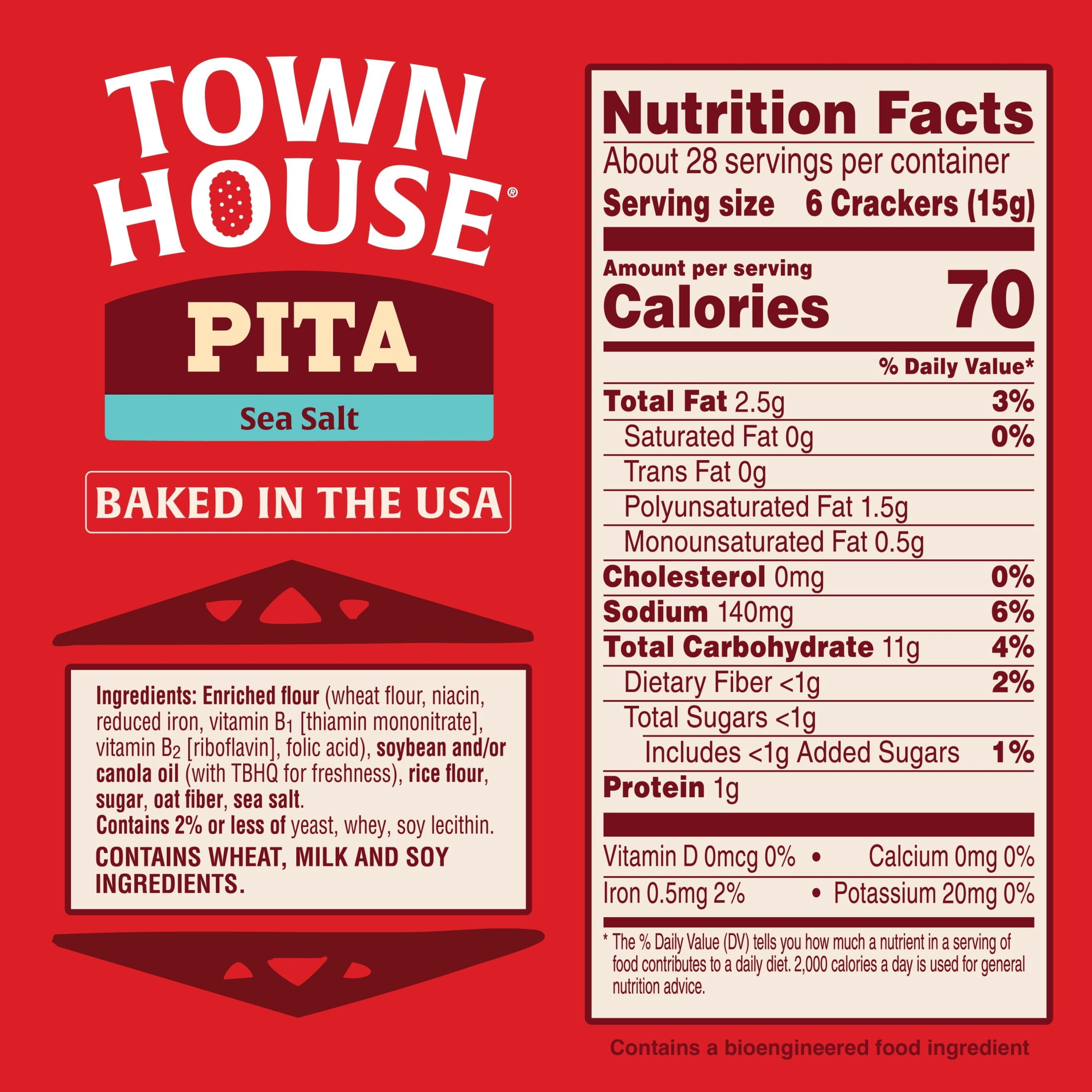 (12 pack) Town House Pita Sea Salt Oven Baked Crackers, Salty Snacks, 15 oz