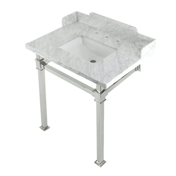 Kingston Brass LMS30MSQ6 Viceroy 30" Carrara Marble Console Sink with Stainless Steel Legs (8-Inch, 3-Hole), Carrara Marble White/Polished Nickel
