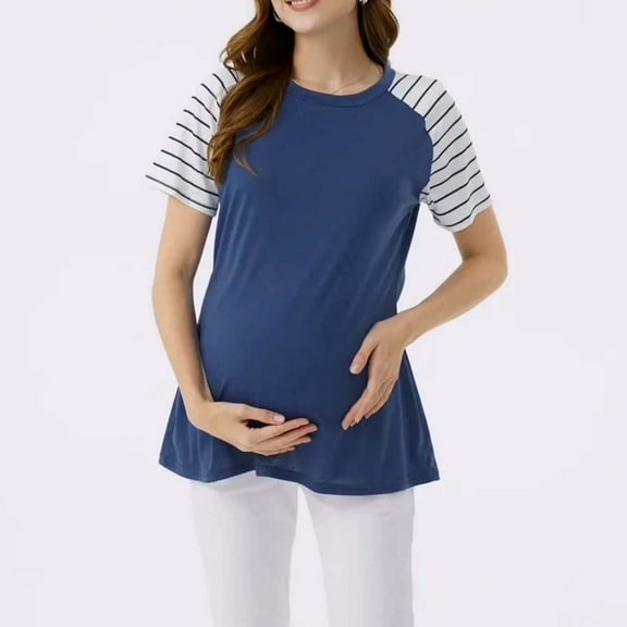 Sentmoon Nursing Shirt Plus Size Crew Neck Breathable Maternity Tops for Women Striped Print Short Sleeve Pregnancy Clothes for Women Streetwear for Postpartum Wear Blue L