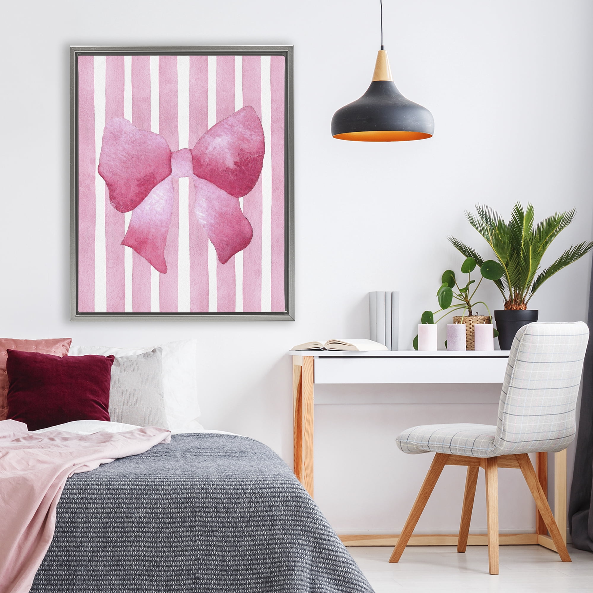 Stupell Industries Chic Bow on Pink Stripes Gray Framed Floater Canvas Wall Art, design by Camila Juncos