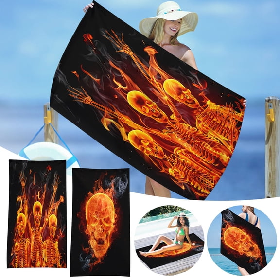 Microfiber Beach Towel for Women Girls Ladies, Super Lightweight Colorful Fire Skull Bath Towel Sandproof Beach Blanket Multi-Purpose Towel for Travel Swimming Pool, 30x60 Inch