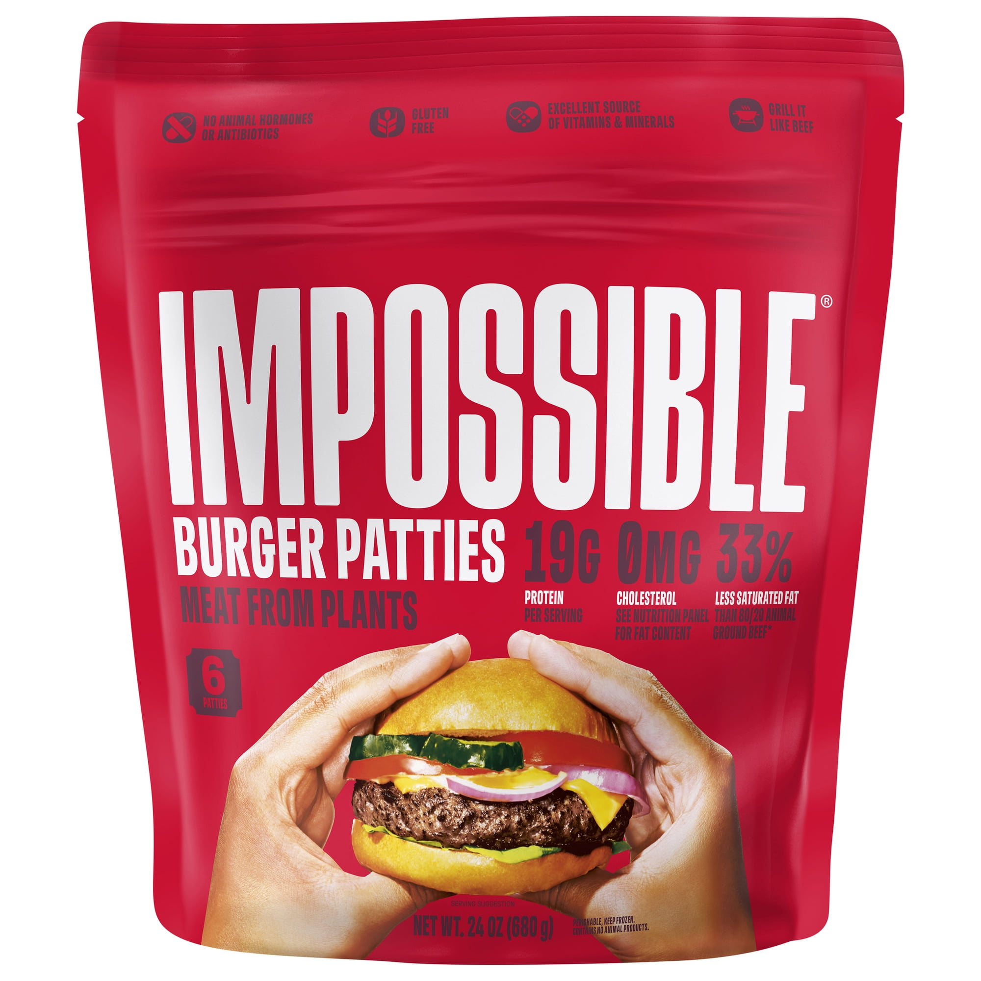 Impossible Foods Burger Patties Meat from Plants, 6 Frozen Patties, 24 oz