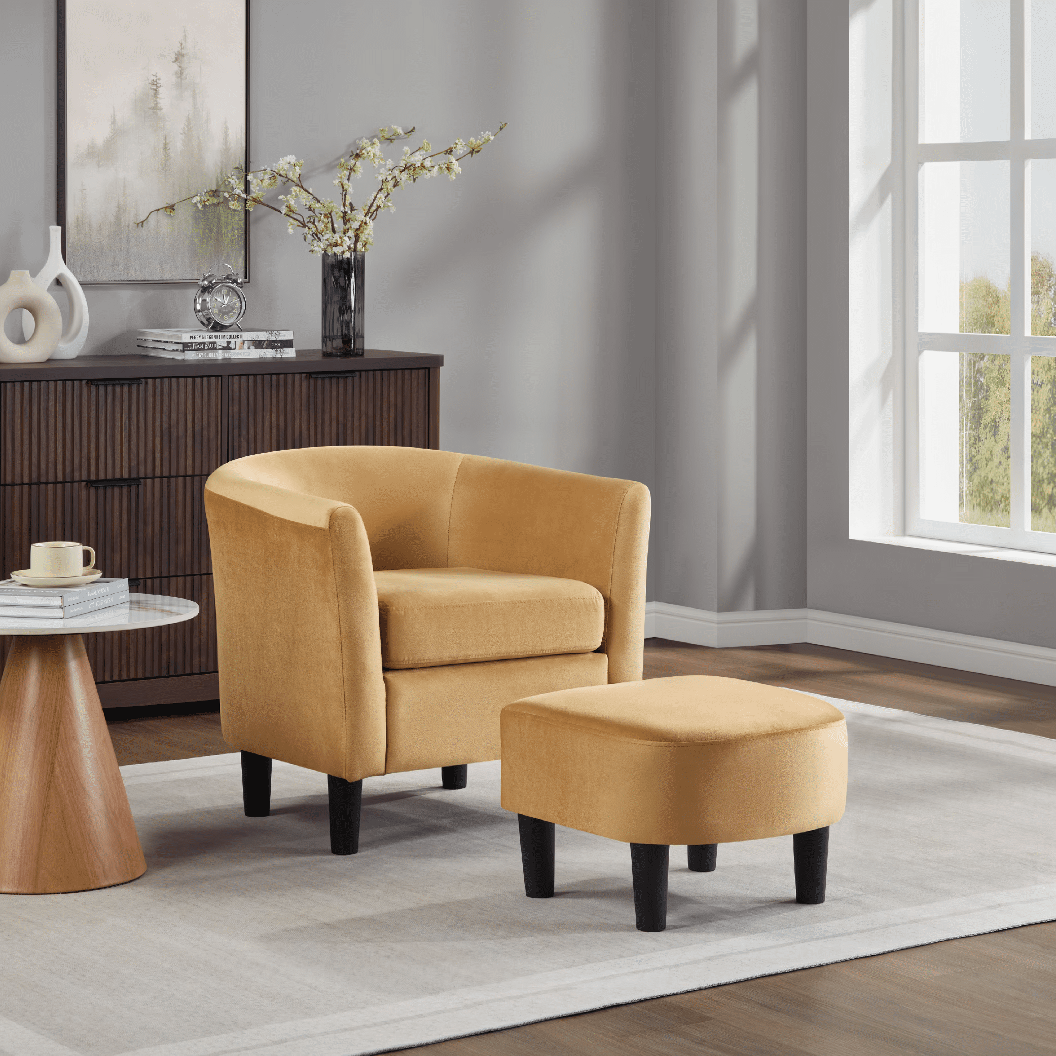 Accent Barrel Chair with Ottoman, Modern Club Chair Comfy Reading Armchair with Footrest for Living Room, Yellow