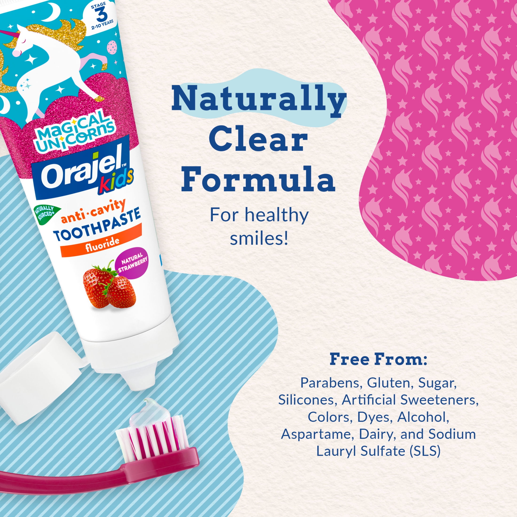 Orajel Kids Magical Unicorns Anti-Cavity Fluoride Toothpaste, Natural Very Berry Strawberry Flavor, 4.2oz Tube
