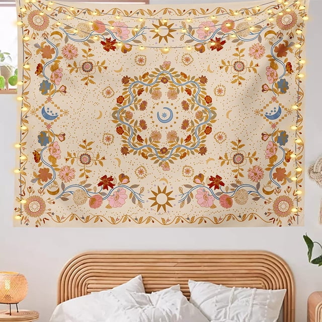 Tapiz de pared bohemio, tapiz floral de vid, tapiz celestial para colgar en la pared, tapices de sol, luna y estrellas (crema, mediano (50 x 60 pies)) JAMW Sencillez
