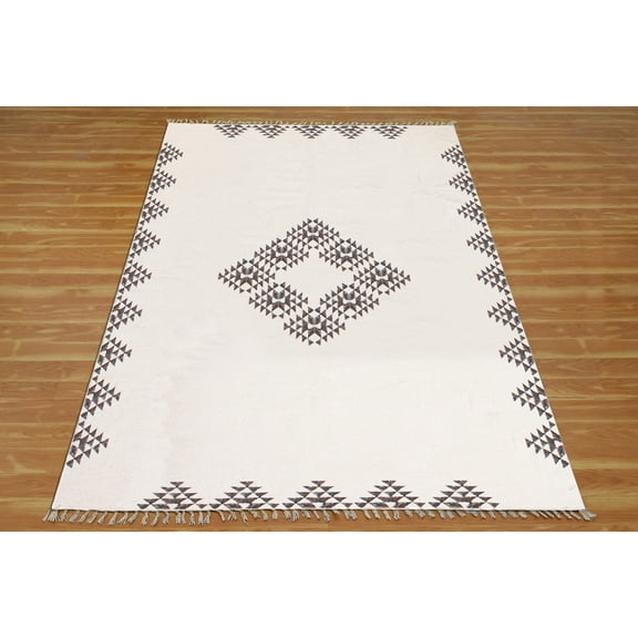 Casavani Handblock Printed Beige Cotton Dhurrie 2'x3' Area Rugs for Kitchen and Study Room