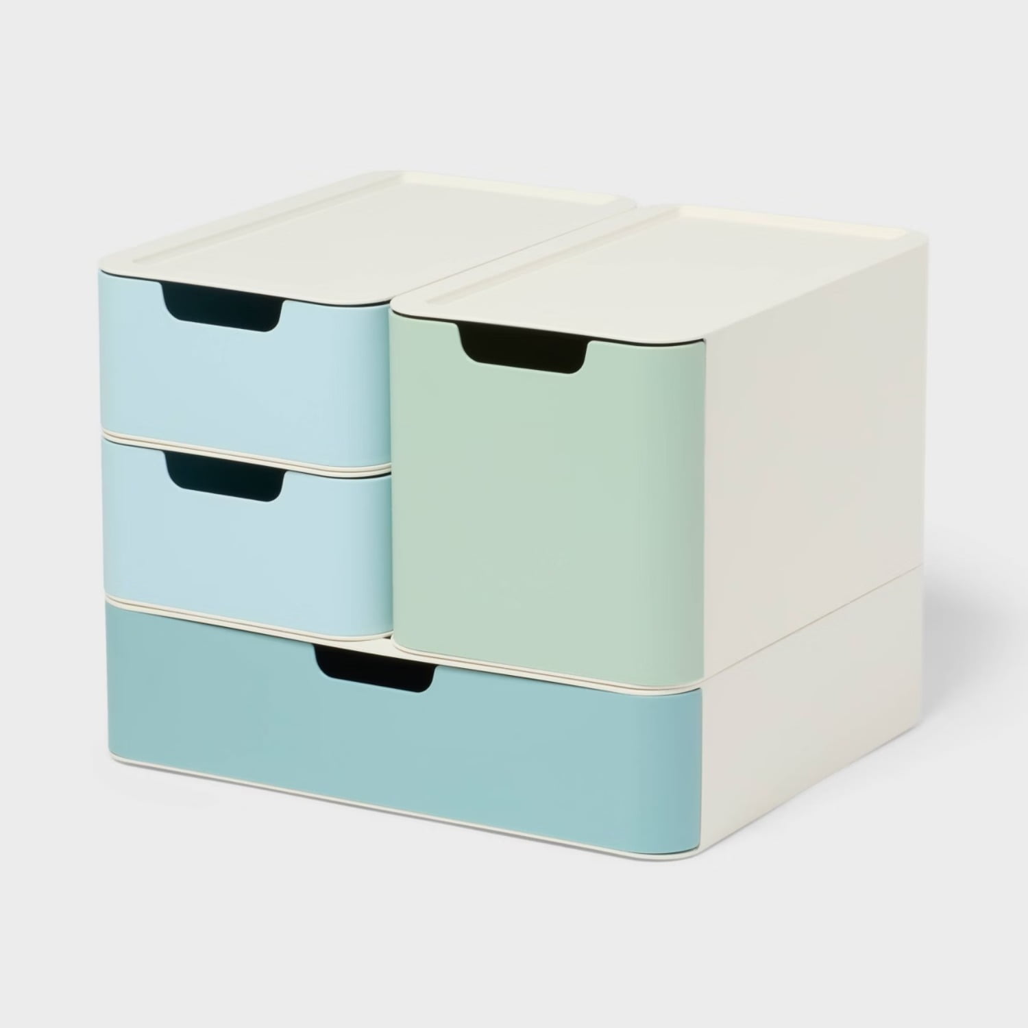 4-Drawer Blue Modular Storage Organizer Stackable Plastic Drawer Set with Cutout Handles Space-Saving Desktop Storage for Craft Supplies Notepads & Office Essentials