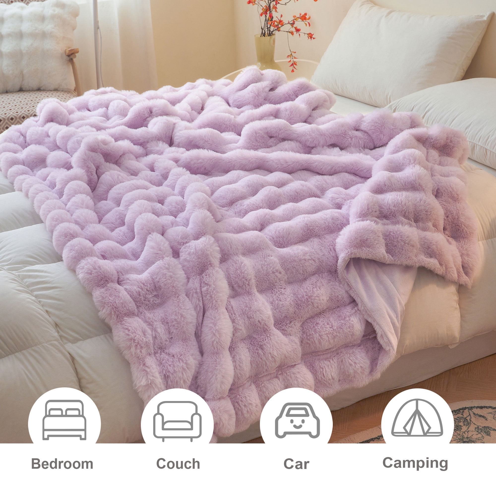 LIFEREVO Fluffy Faux Rabbit Fur Bubble Blanket, Plush Shaggy Throw for Couch Sofa, Cozy Furry Light Purple Bed Blanket Adult Girls, Aesthetic Fuzzy Throw for Bedroom Living Room, 60x90, Lavender