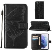 PU Leather Wallet Case for Samsung Galaxy S22 Plus 6.6 Inch, Butterfly Flower Pattern Soft TPU Wrist Strap Shockproof Flip Cover with Card Slots Magnetic Clasp Stand Bracket Folio Phone Case,Black