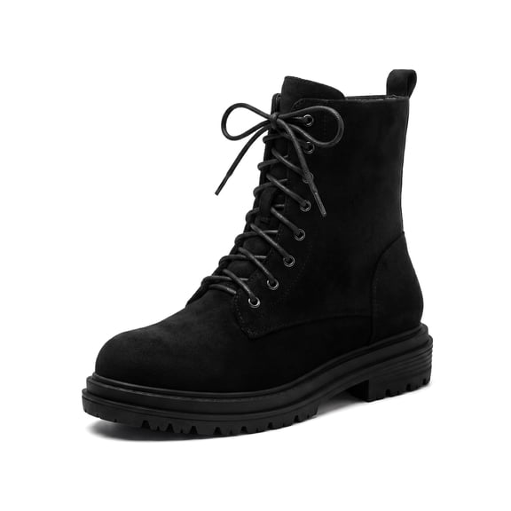 BLISSFUL STEP Women's Combat Boots Ankle Booties Lace-up Platform Zipper Lug Sole Boots Ankle Boots Black 6.5