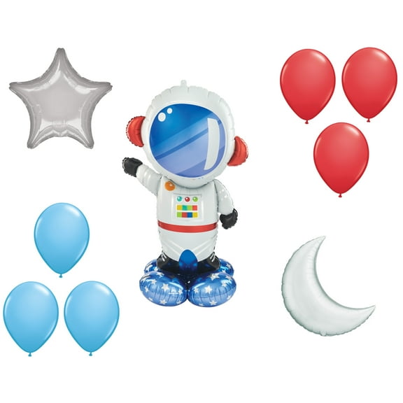 LOONBALLOON Space, Alien, Rocket Theme Balloon Set, 57 Inch Astronaut Air-Fill Balloon, Star, Moon Foil and 4x latex balllons