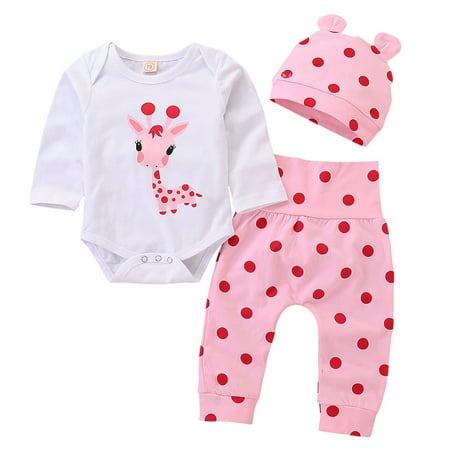 

Infant Newborn Baby Girls Deer Outfits Long Sleeve Romper Bodysuit Tops + Pants + Hat 3Pcs Clothes Set