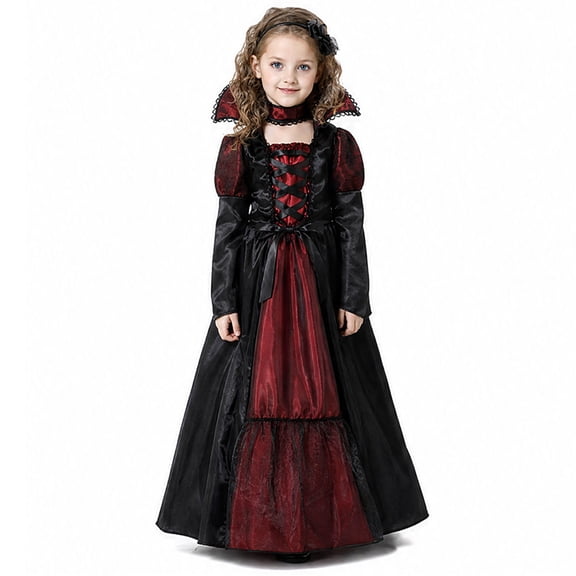Vampire Cosplay, Vampire Cos, Halloween Vampire Costume Gown, Black Red Gothic Long Sleeve Lace Up Victorian Vampire Dress With Stand Collar for Halloween Cosplay Party, Deep Red L