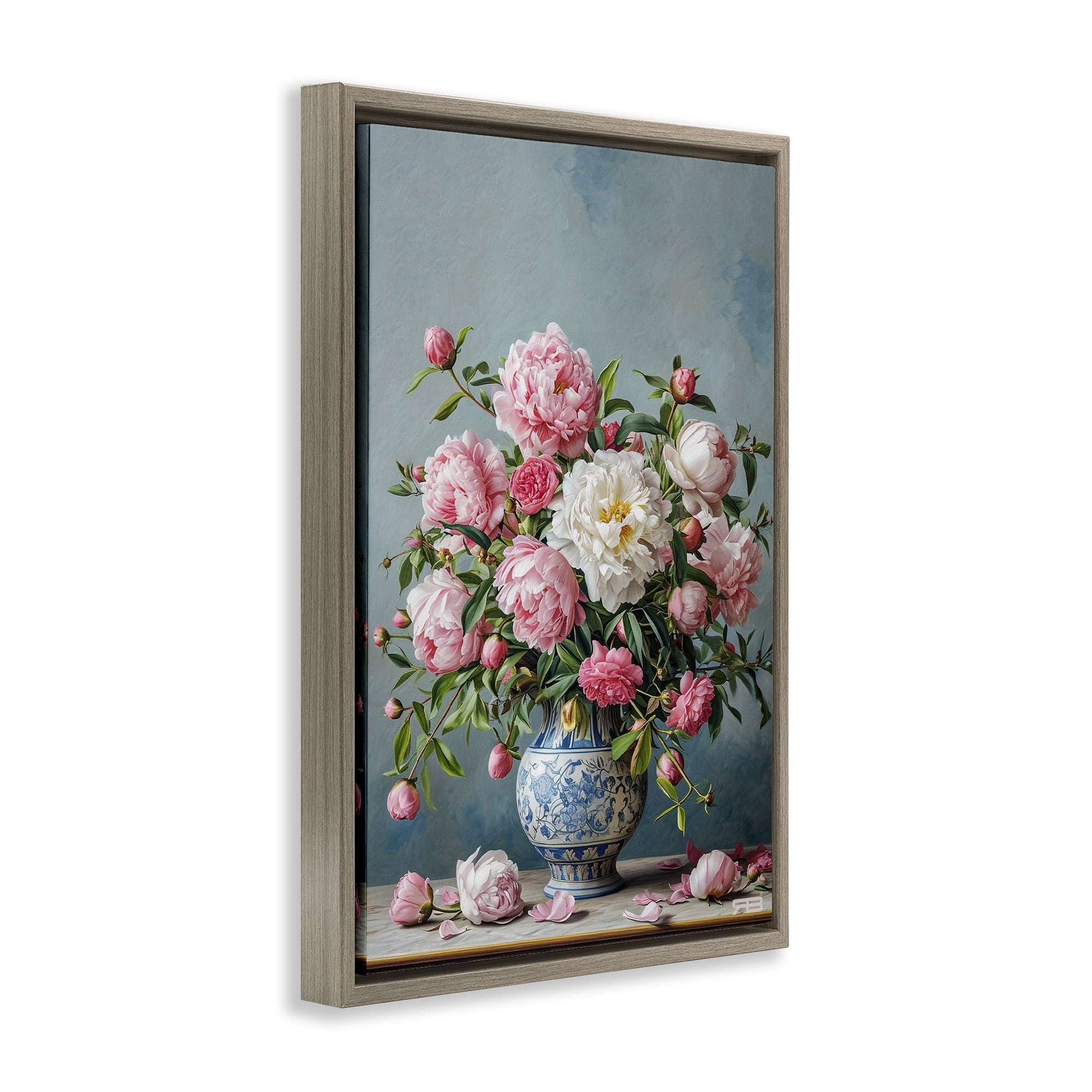 Stupell Industries Full Peonies Vase Botanical & Floral Painting Brown Floater Framed Art Print Wall Art, 21 x 31