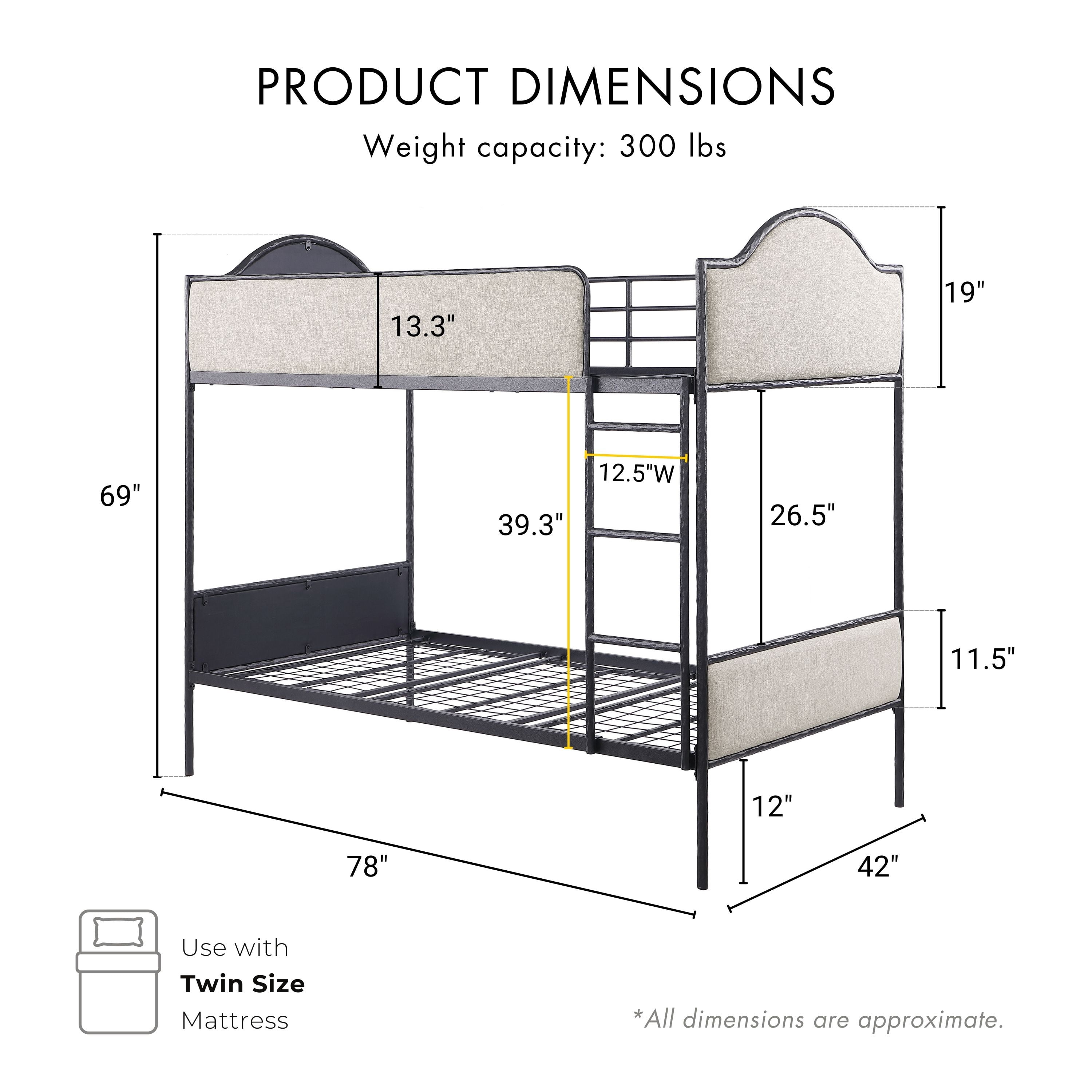 Furniture of America Rima Modern Kids Metal Twin over Twin Bunk Bed with Reversible Ladder, Black