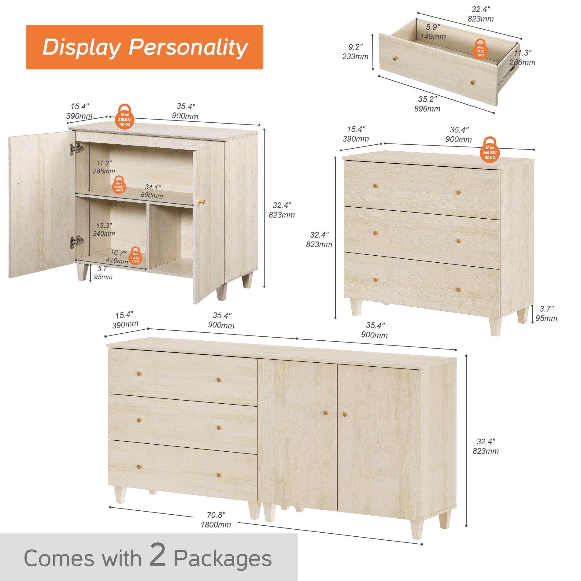 WAMPAT TV Stand for 75+ Inches TVs, 2-in-1 Modern Wooden Media Console with 3 Spacious Drawers and 1 Storage Cabinet for Living Room, Light Oak