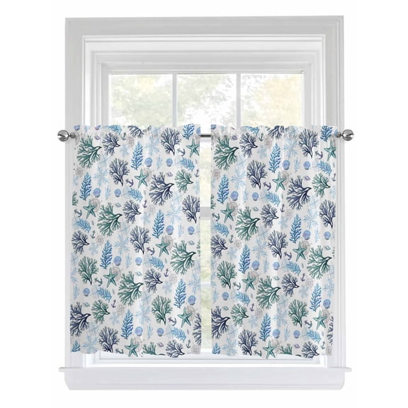 Blue Teal Coastal Bathroom Window Curtain, Coral Starfish Seaside Summer Beach Light Filtering Coffee Kitchen Curtains, Bedroom Living Room Curtains 2 Panel 84"x54"