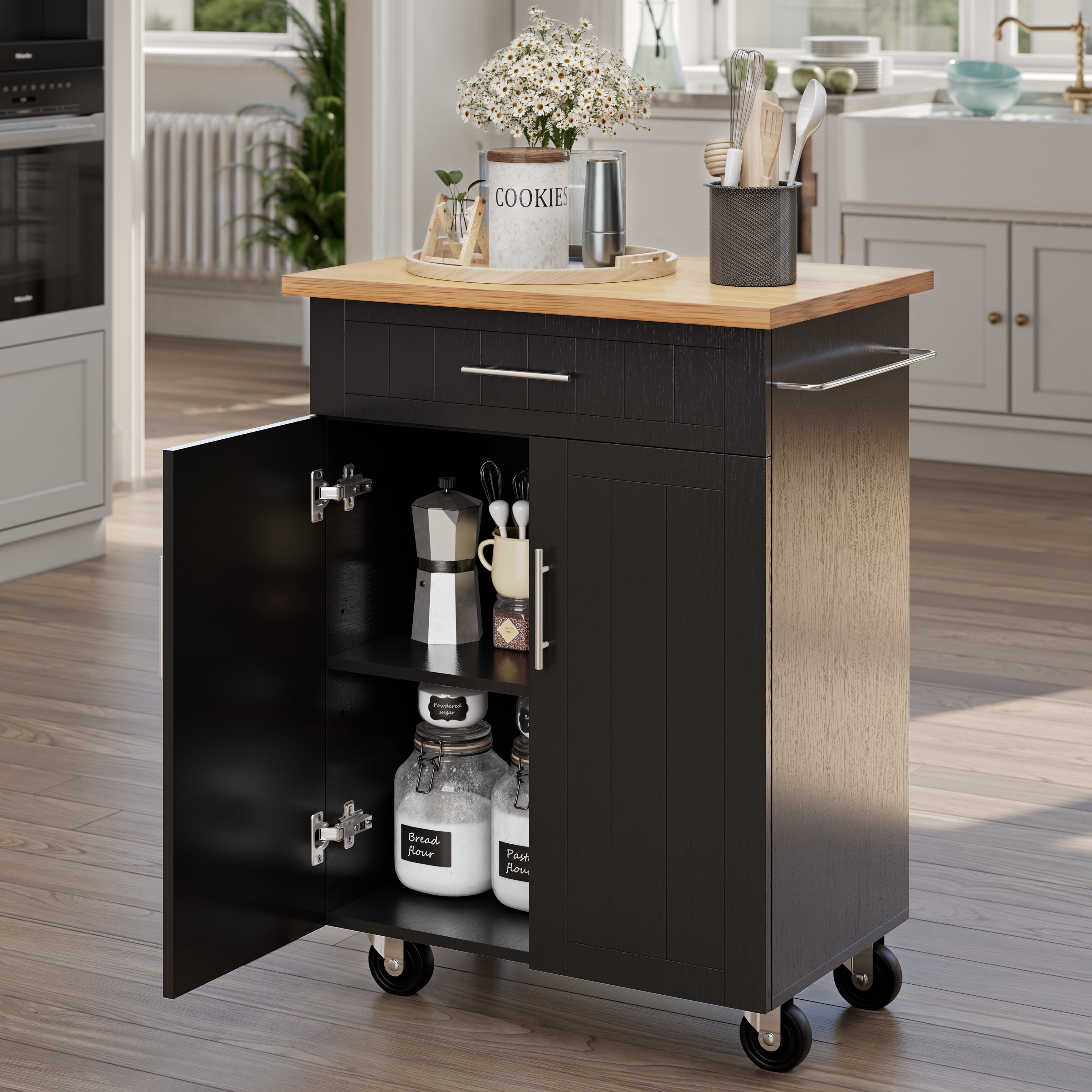Walsunny Kitchen Island Table Stand with Storage on Wheels,Rolling Kitchen Cart Storage Cabinet with Drawer,Black