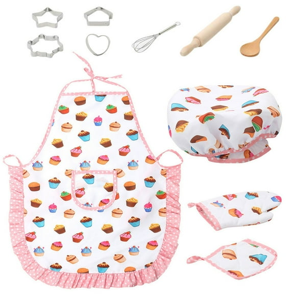 Kids Apron and Chef Hat Set for Cooking & Painting Role Play, Polyester Fabric, Washable, Adjustable Straps, Includes Baking Accessories for Ages 4-12