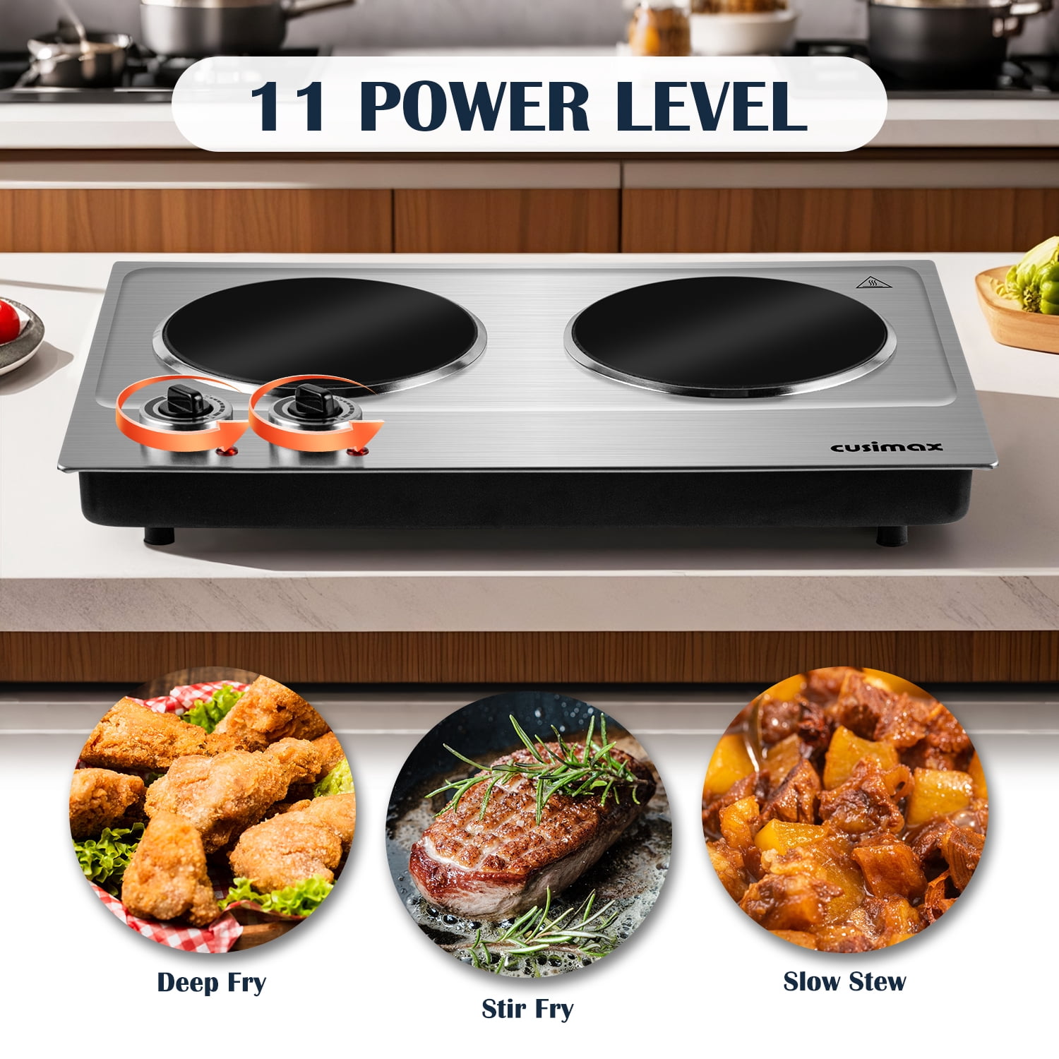 Double Hot Plate, CUSIMAX 1800W Portable Ceramic – Dual Infrared Cooktop with Independent Controls, Stainless Steel & Glass Electric Burner for Countertop Cooking, Upgraded Silver Design
