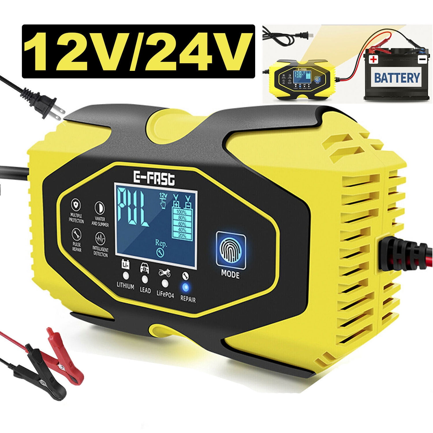 Aggxpf Car Battery Charger, 12V/24V Automatic Battery Charger LeadAcid