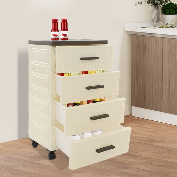 1 PCS Storage Cabinet, 4 Tier Drawer Storage Organizer, Storage Cabinet with 4 Universal Wheels(Creamy Yellow, Brown, Black)