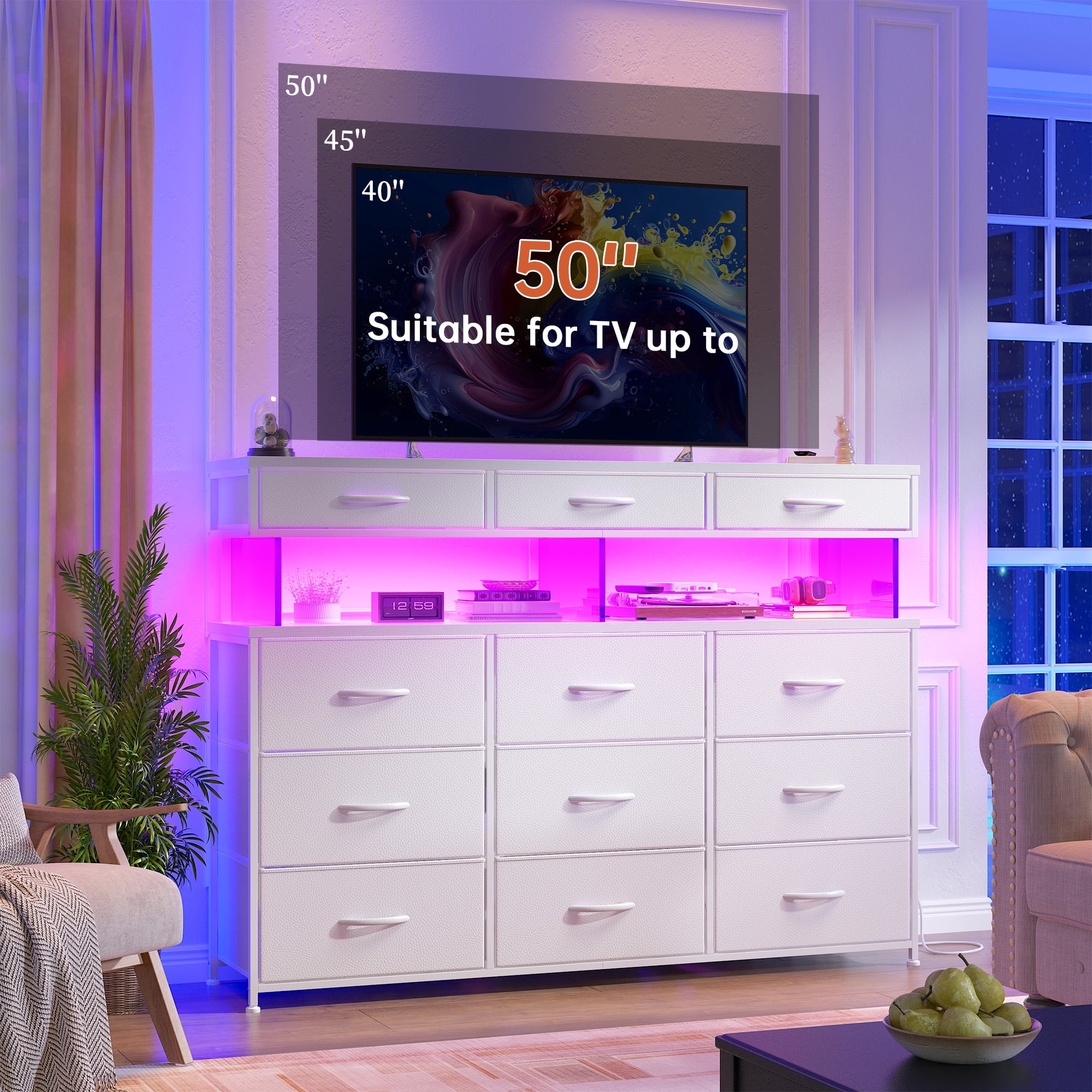 Dresser for Bedroom with 12 Fabric Drawers,Dresser with LED Lights and Charging Station,Chest of Drawer for Entryway,Living Room,Closet,White