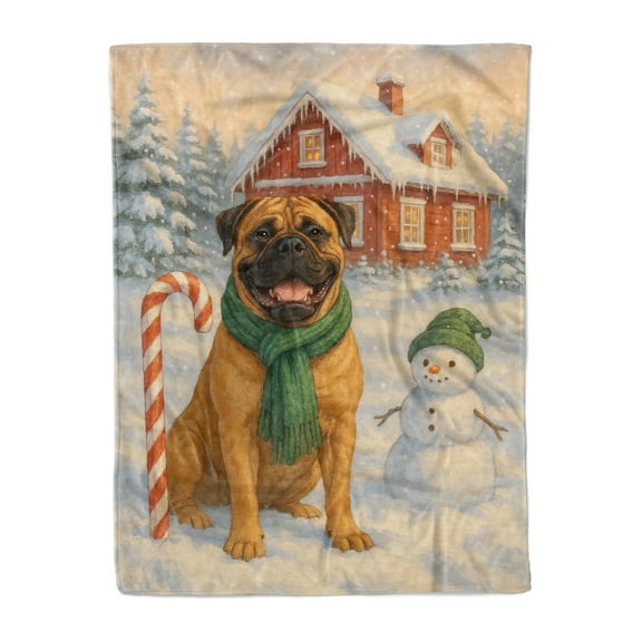 Hello Winter Vintage Bullmastiff Enjoys Snowy Day with Snowman Cozy Fleece Blanket Dog Lover Warm Soft Throw Blanket - 12019
