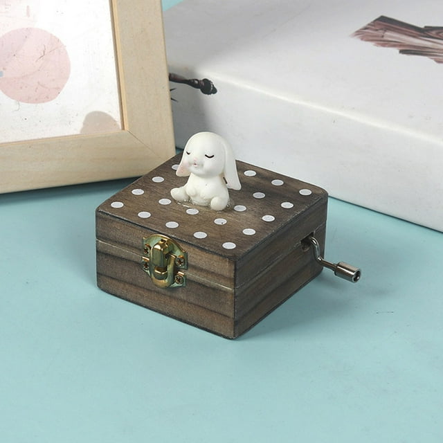 Tiny Wooden Music Box Brown Rabbit Figurine Hand Crank Melody Toy For Kids Educational Sensory Play D