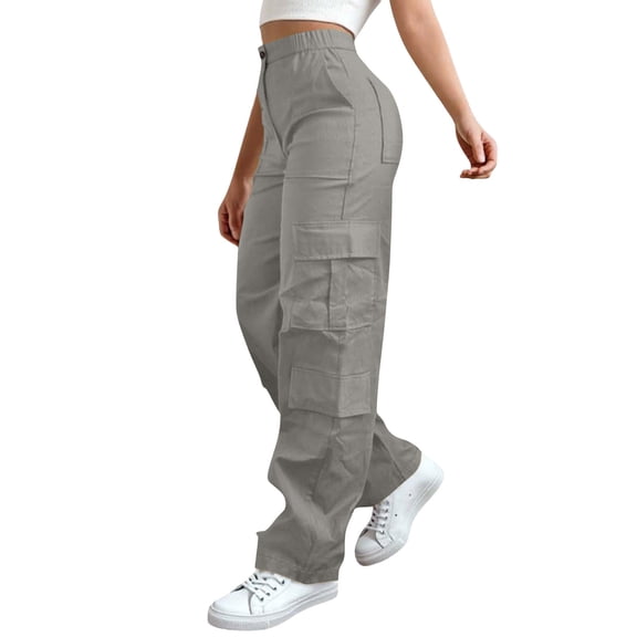 Dwellite Baggy Womens Cargo Pants High Waisted Open Leg Pants Hiking Lightweight Streetwear Trouser with Multiple Pockets Light Gray S