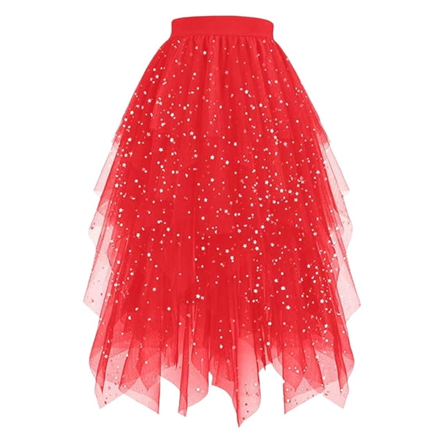 GDREDA Womens A Line Midi Skirt Elegant Sheer Layered With Ruffled Hem Lightweight Flowy For Casual Party Wear Red,L