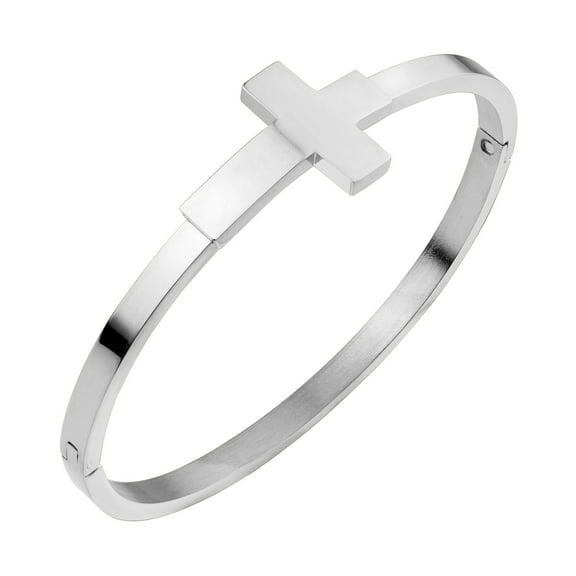 555Jewelry Stainless Steel Sideways Cross Catholic Bracelets, Confirmation Hinge Lock Cuff Bangle for Women, Silver
