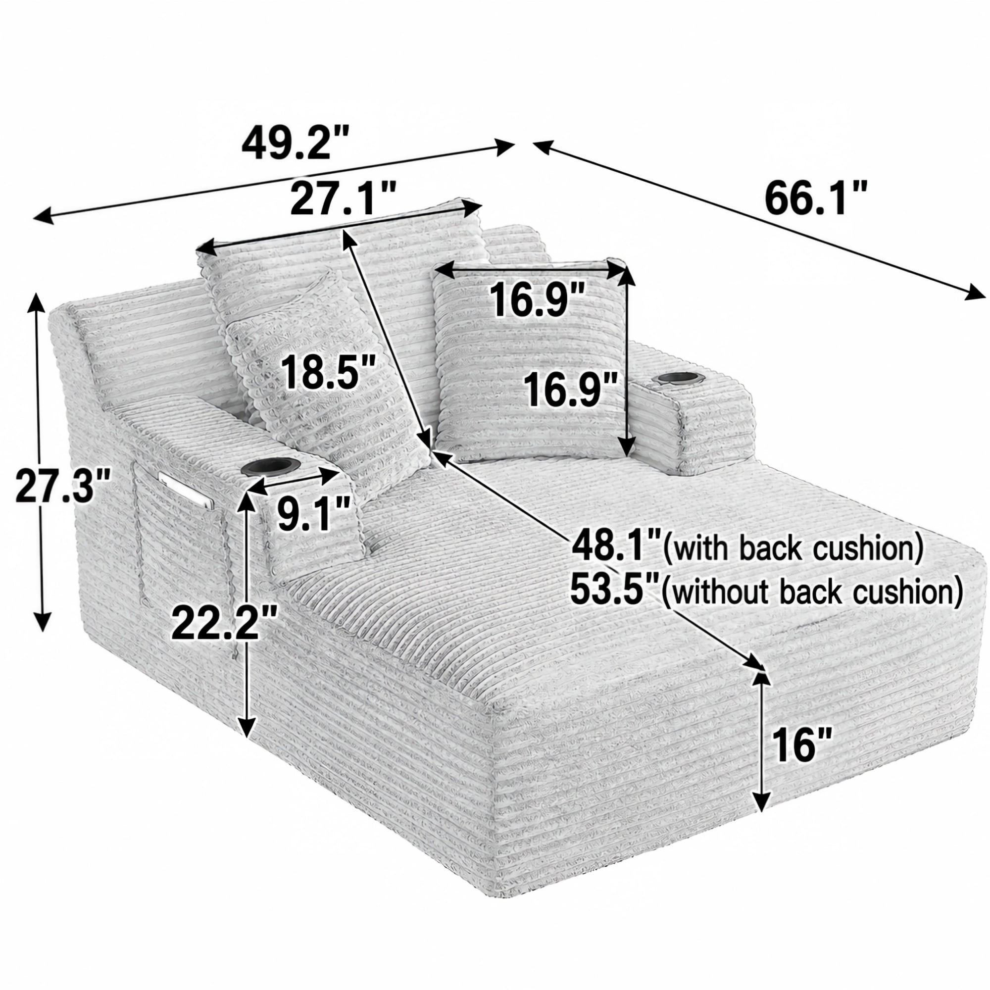 BSHTI 66.1" Corduroy Oversized Chaise Lounge Chair with Cup Holder, Side Pockets and Boneless Design for Living Room（Black）