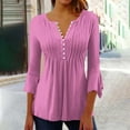 thumbnail image 3 of JTZGDY 3/4 Length Sleeve Tops for Women Dressy Casual Summer Bell Sleeves Button V Neck Ruched Pleated Tunic Blouse Trendy Loose Plain Tees Shirt Pink S, 3 of 6