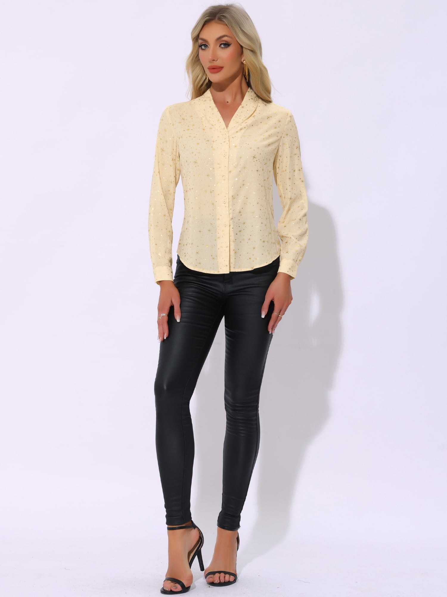 DARING DIVA Stand Collar Metallic Dots Stars Blouse Top M Beige