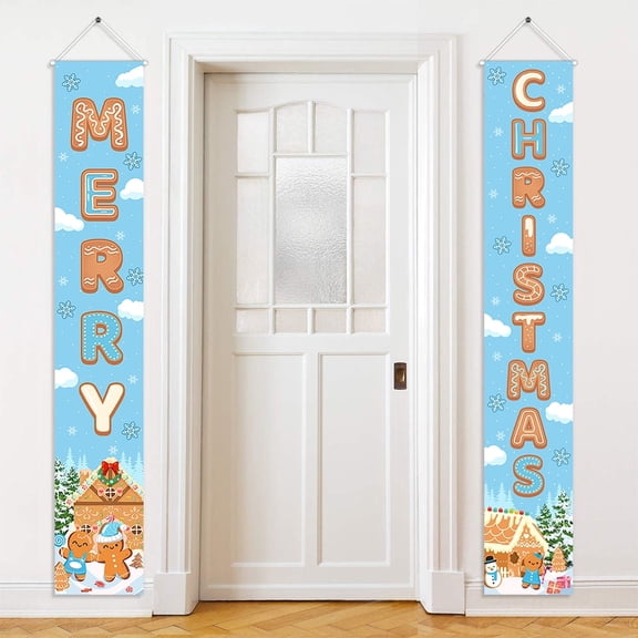 Mocsicka Blue Gingerbread Merry Christmas Door Banner Cute Gingerbread House Porch Sign for Christmas Party Decorations