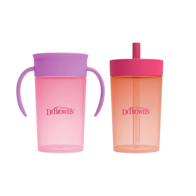 Juego de vasos Dr. Brown's Milestones Straw to 360°, 300 ml, color rosa, paquete de 2