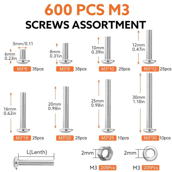 GHRTGR-600 Pcs M3 Screws Assortment - Stainless Steel Hex Button Head Screw Kit (M3 x 6mm-30mm)