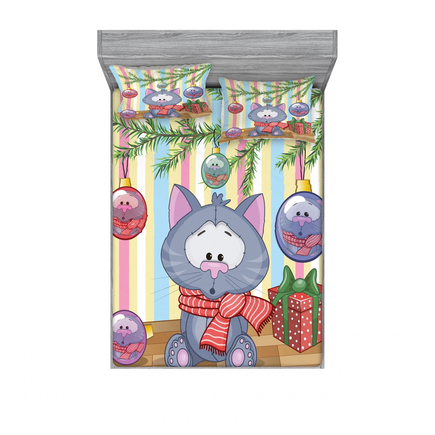 Christmas Bedding Set with Sheet & Covers, Kitten with Scarf Under the