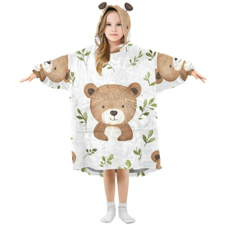 Cute Bears Leaves Watercolor Flannel Wearable Blankets Hooded Design Long Sleeves Wrap Unisex for 3T-14Y S Cute Bears Leaves Watercolor Flannel Wearable Blankets Hooded Design Long Sleeves Wrap Unisex for 3T-14Y S