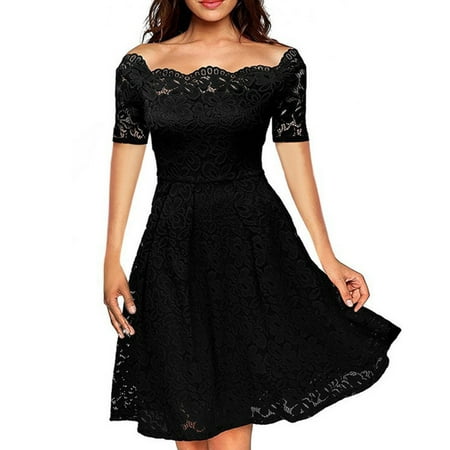 

Clearance Dress!MIARHB Women s Casual Solid Color Lace Tube Hollow Lace Short-Sleeved Waist Lace Belt Lining Large Swing Black S
