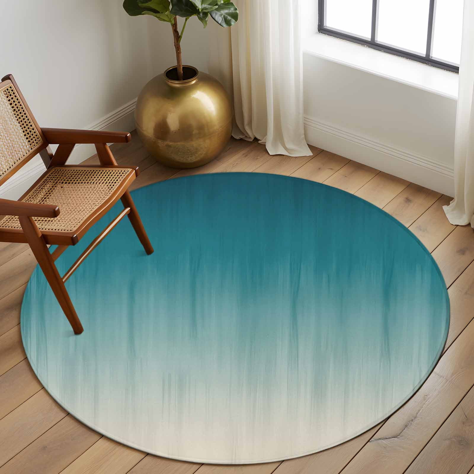 Round Area Rugs Collection 6 Ft, Teal Blue Ombre Non-Slip Residential Carpet, Contemporary Gradient Abstract Art Indoor Crawling Mats Runner Rugs for Living Room/Dining Room/Bedroom