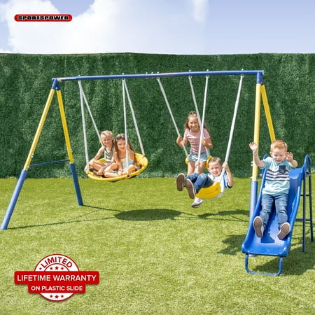 Sportspower Super Saucer Metal Swing Set with 2 Swings  Saucer Swing and a 1pc Heavy Duty Slide