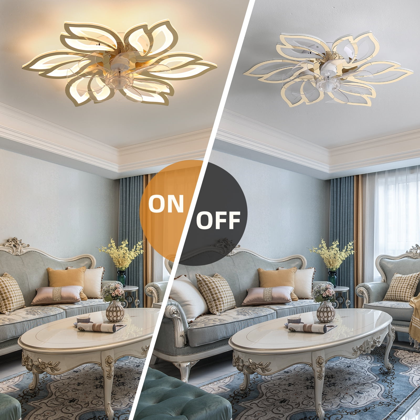Eowynic 25.5 Inch Flower Shape Modern Flush Mount Bladeless Ceiling Fans with Led Lights Chandelier APP & Remote Control, DC Motor, 6 Speed, Gold
