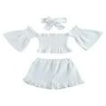 thumbnail image 2 of 3 Pcs Infant Outfits  Baby Girls Off Shoulder Flare Sleeves Tops + Ruffle Shorts + Bowknot Headband, 2 of 6