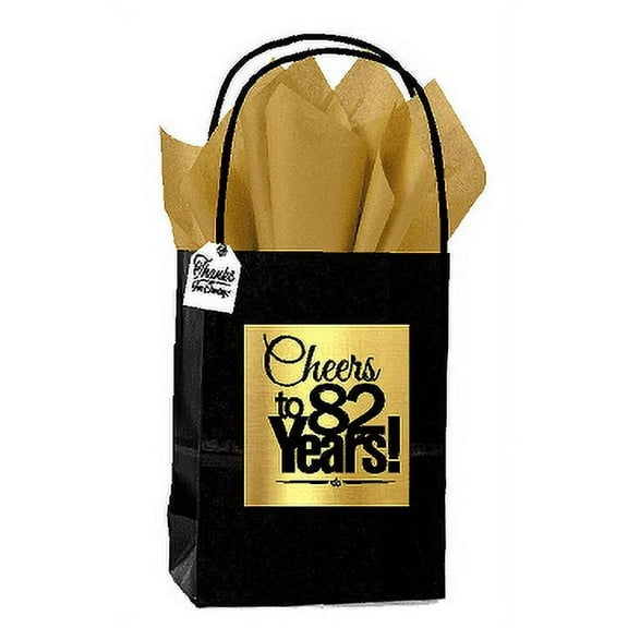 Black & Gold 82nd Birthday / Anniversary Cheers Themed Small Party Favor Gift Bags with Tags -12pack