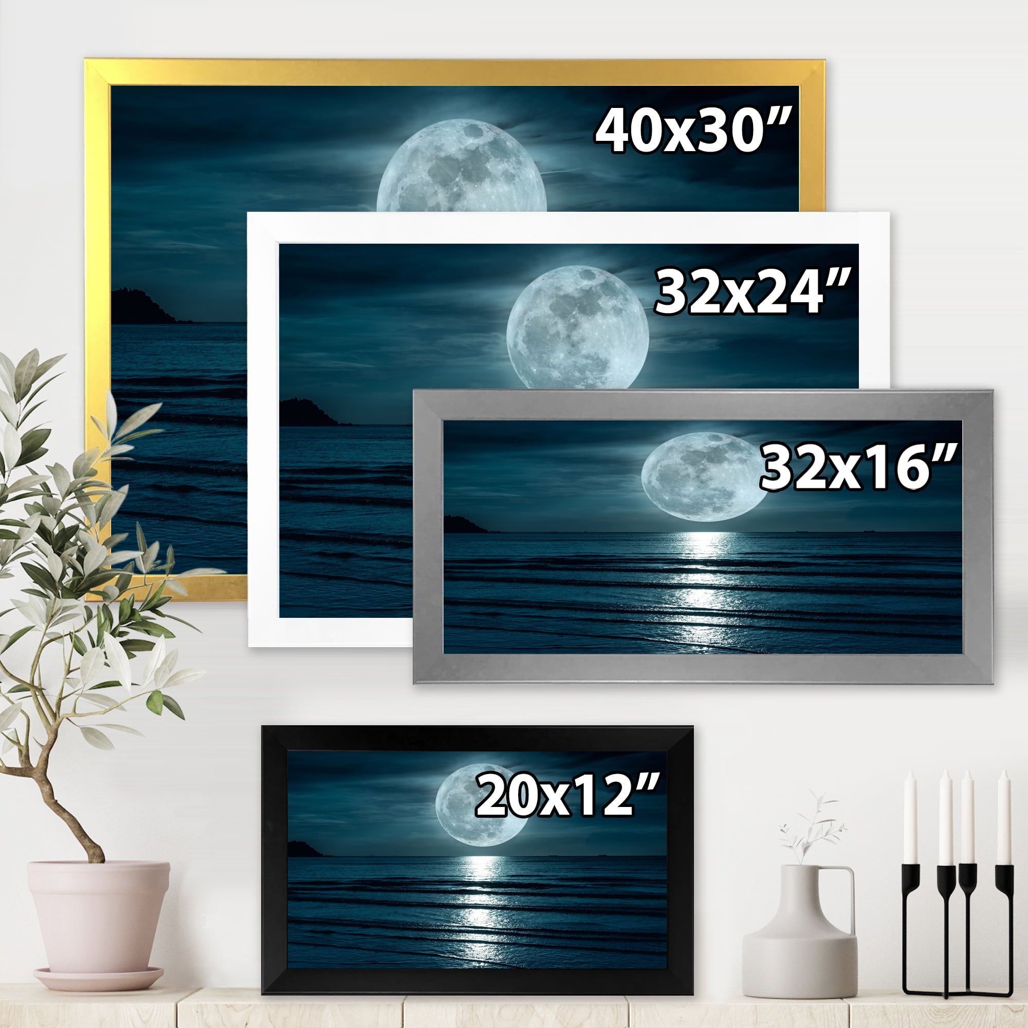 Designart 'Super Full Moon Over The Sea I' Modern Framed Art Print