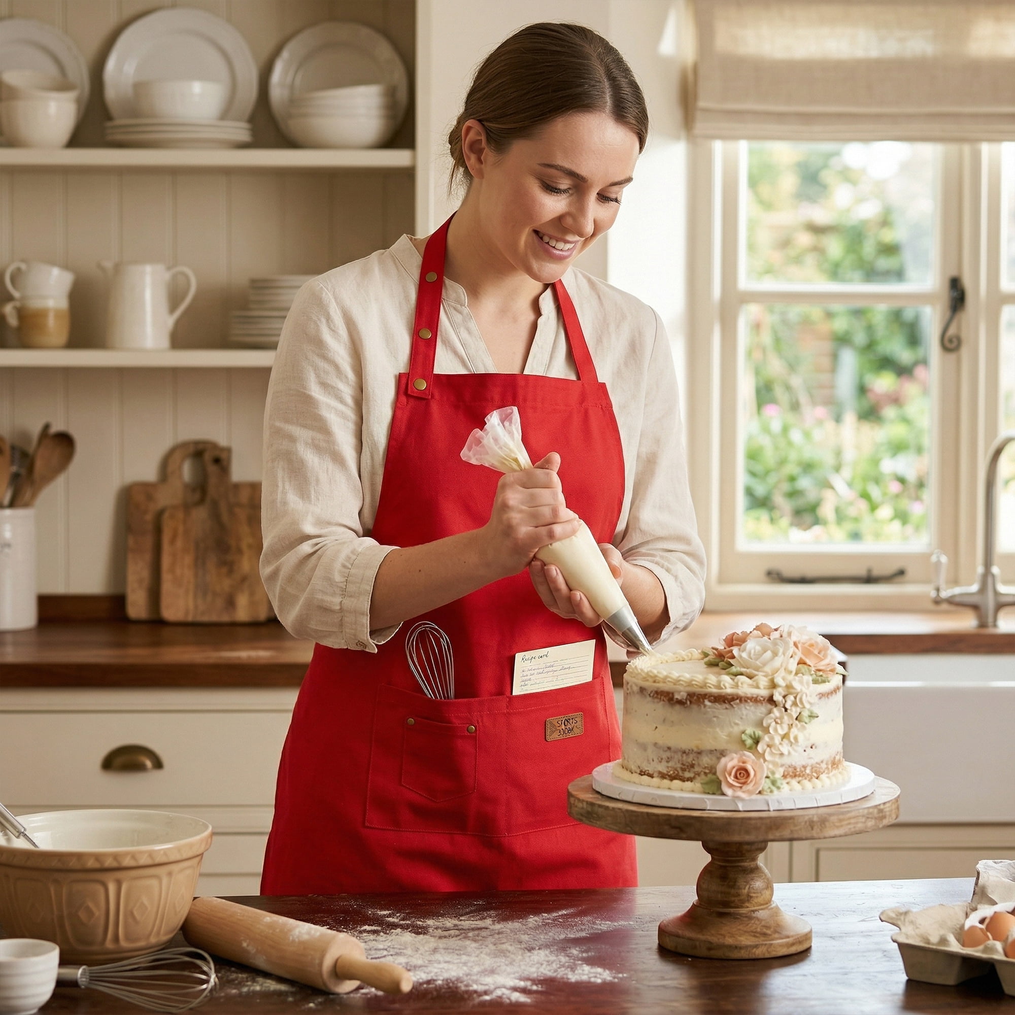 Unique Bargains Adjustable Cooking with Spacious Pockets Red