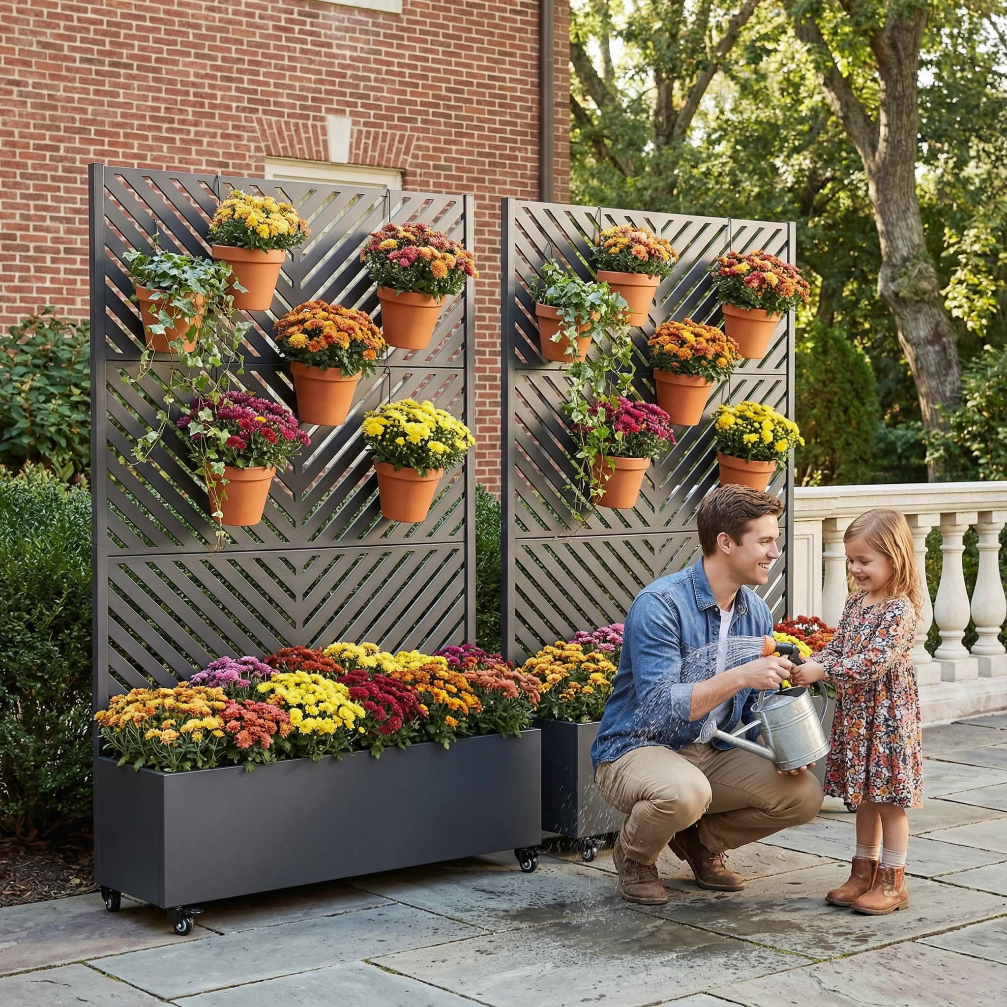 MAYEERTY 72X47" Metal Outdoor Black Privacy Screen with Planter Box for Backyard & Garden, 3 Piece Set, Double‑sided Installation