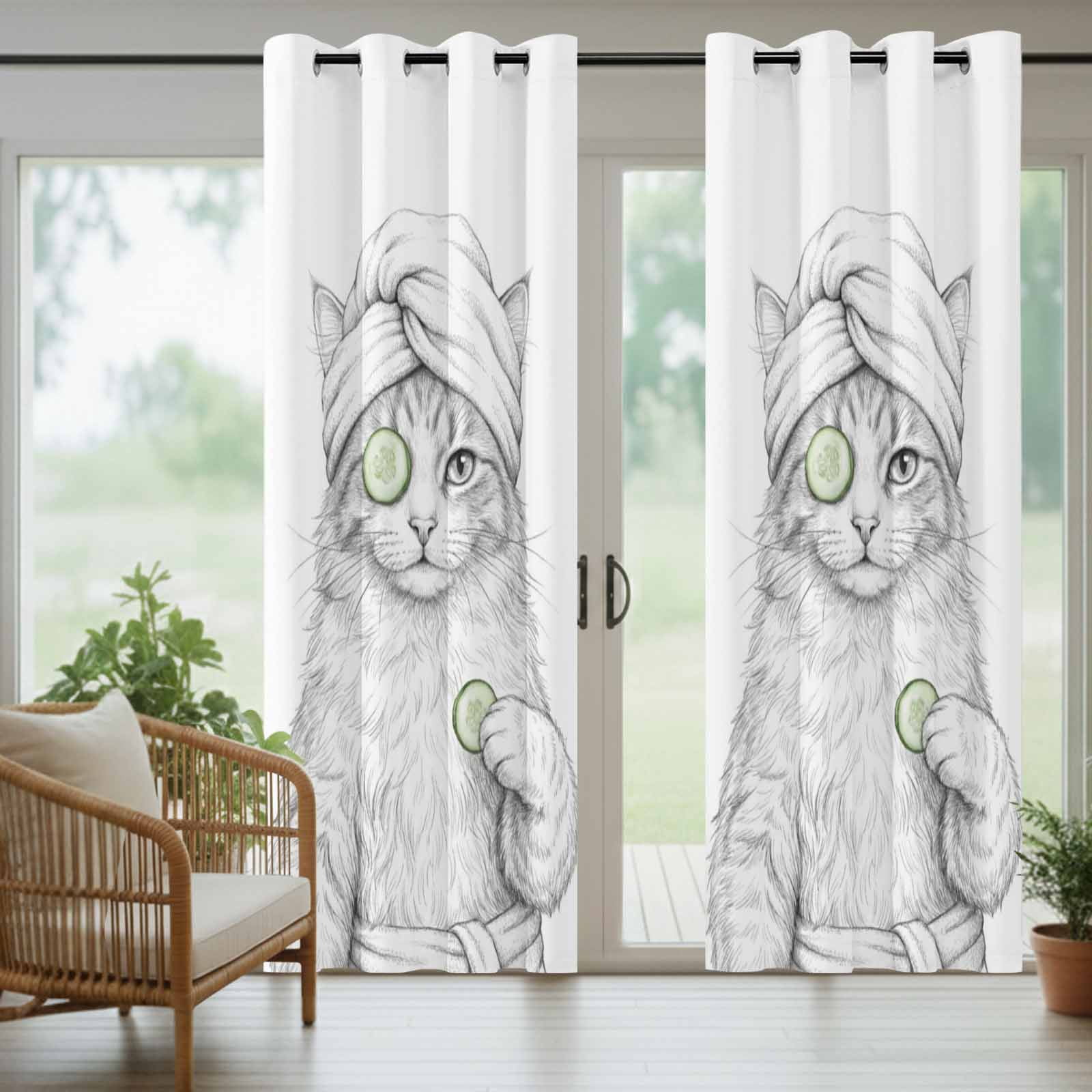 Grey Animals Outdoor Curtains for Patio, Funny Cat with Bath Wrap Cucumber Slice Gray Modern Sunshade Privacy Drapes Grommet Waterproof Outside Curtains for Porch/Cabana/Balcony 54"x 108", 1 Panel